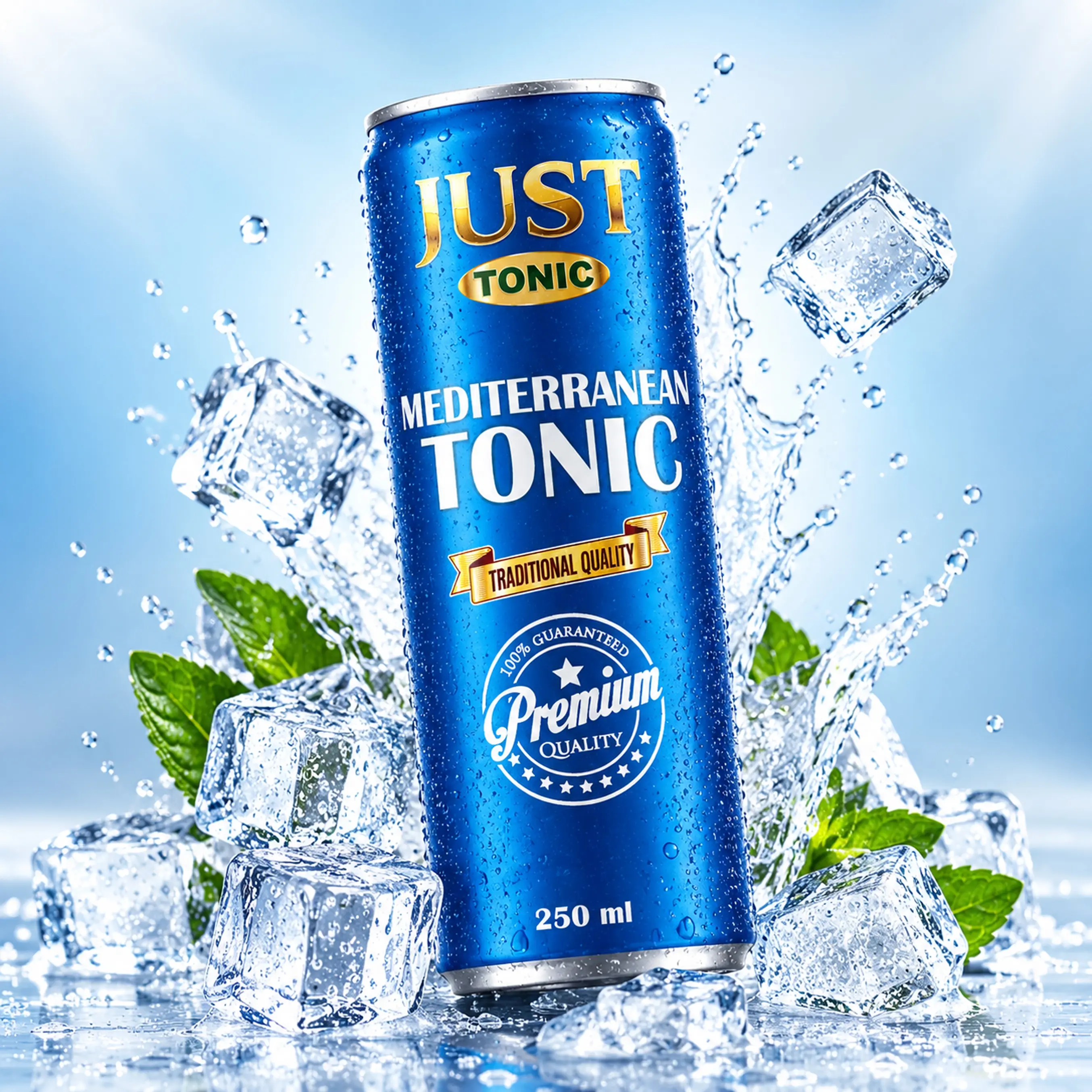 JUST Tonic Mediterranean Tonic 250ml blue can with ice cubes, green leaves, and chilled water splashes.